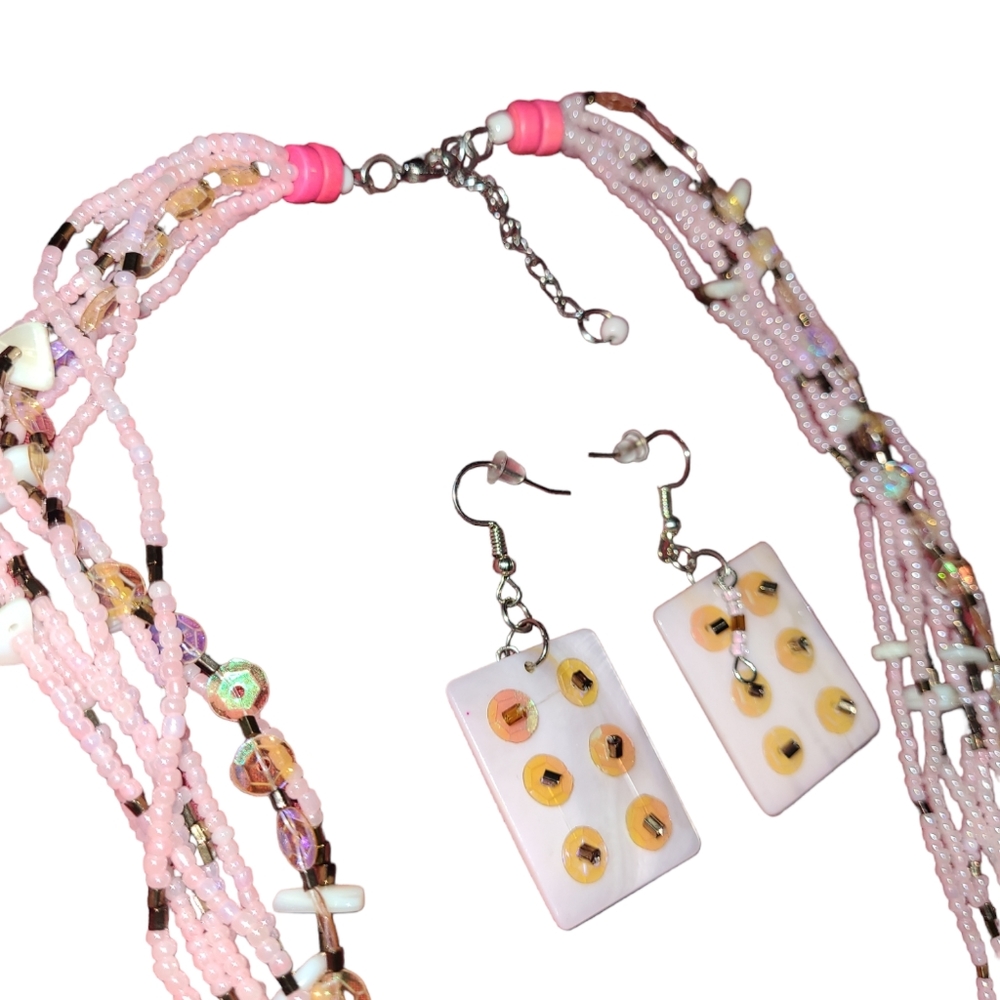 New Hand Crafted Statement Necklace/Earrings Pink… - image 4